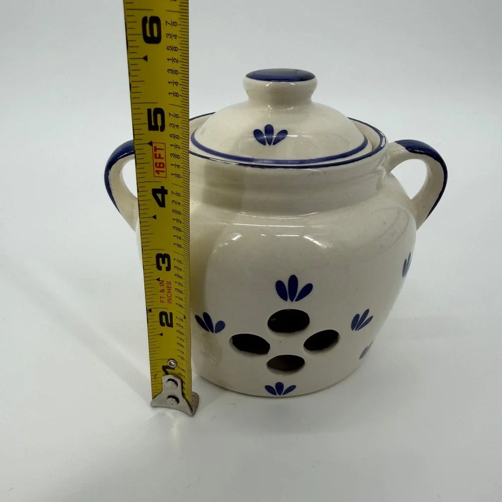 Ceramic Garlic Keeper Hand Painted Blue Floral Cream Stoneware Jar with Lid